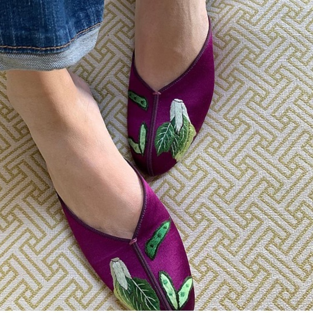 Women’s Purple Silk Embroidered Slip-On Slippers